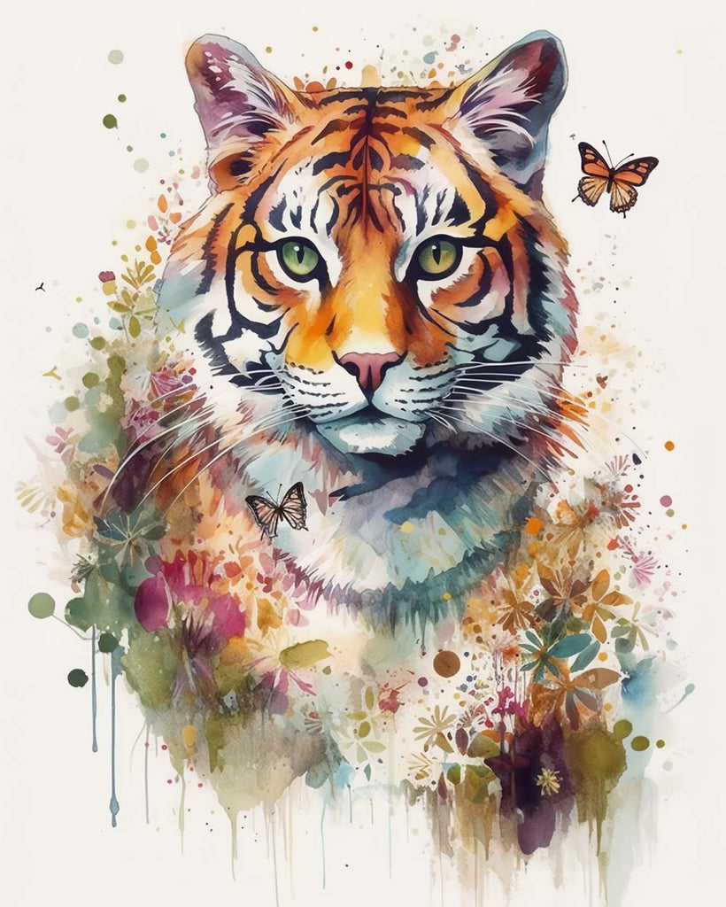 Watercolor Tiger and Butterflies Paint by Numbers