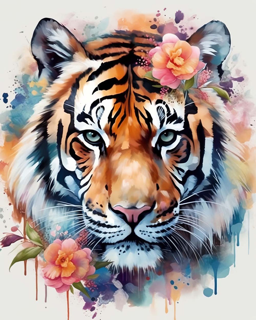 Watercolor Tiger and Pink Flowers Paint by Numbers