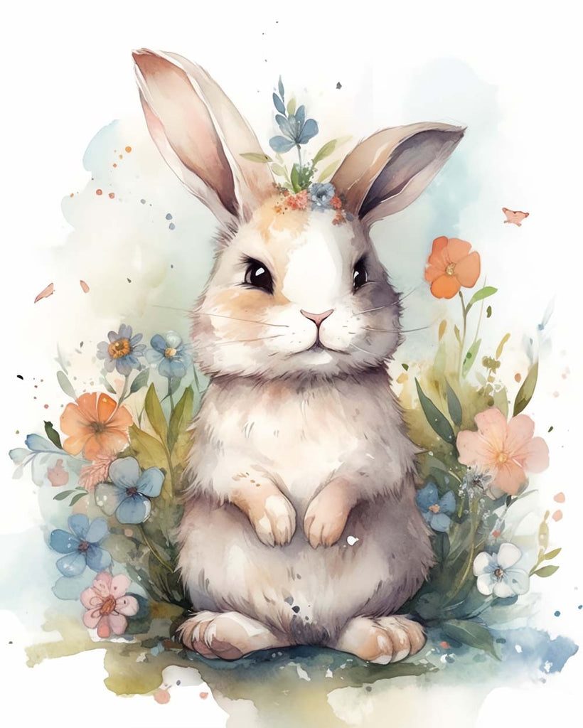 Watercolor Rabbit and Flowers Paint by Numbers