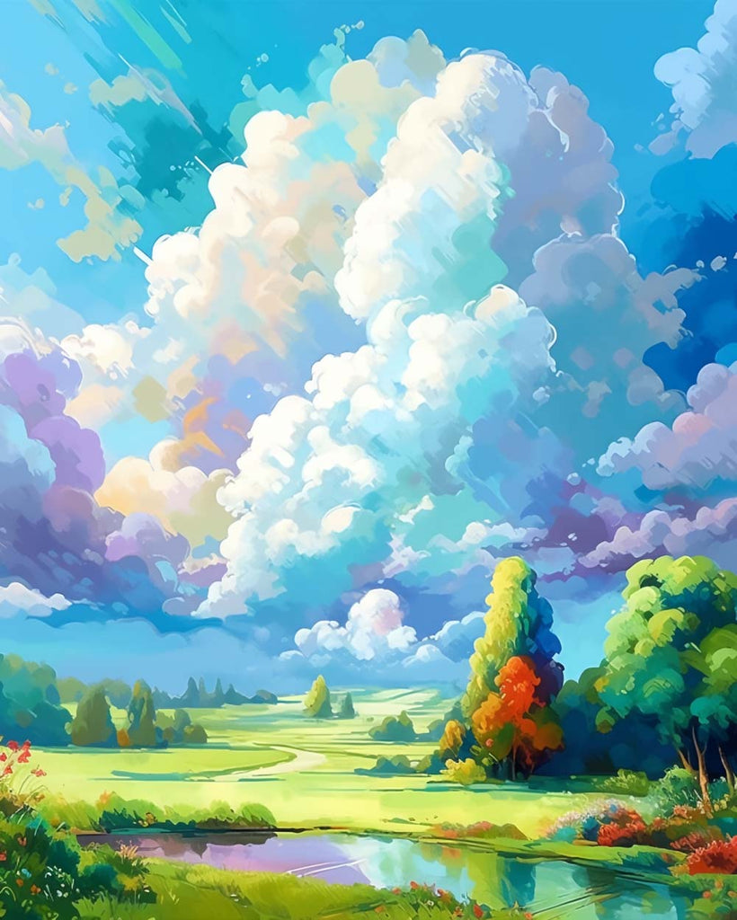 Watercolor Blue Sky and White Clouds Paint by Numbers