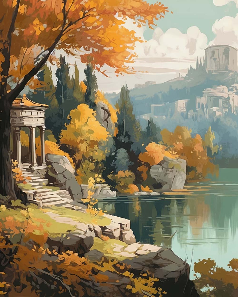 Pavilion by the Lake in Autumn Paint by Numbers