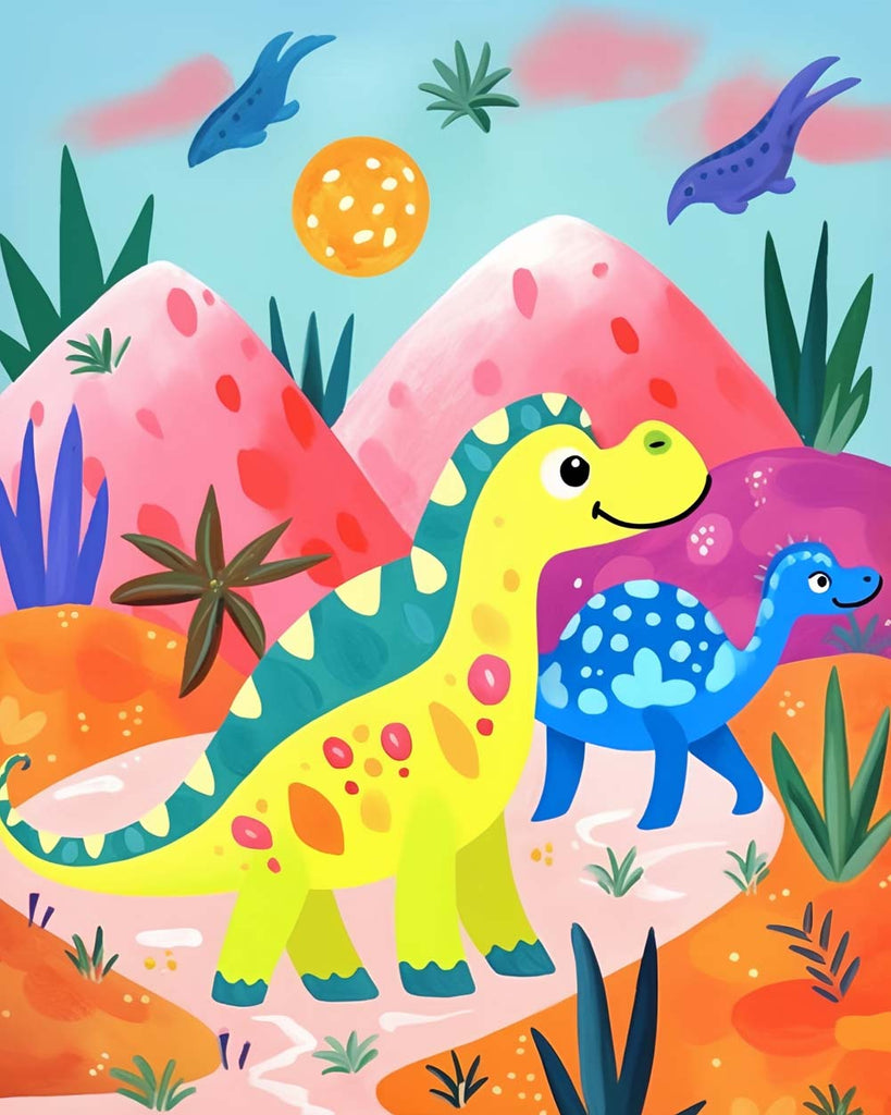 Cartoon Dinosaurs and Mountain Paint by Numbers for Kids