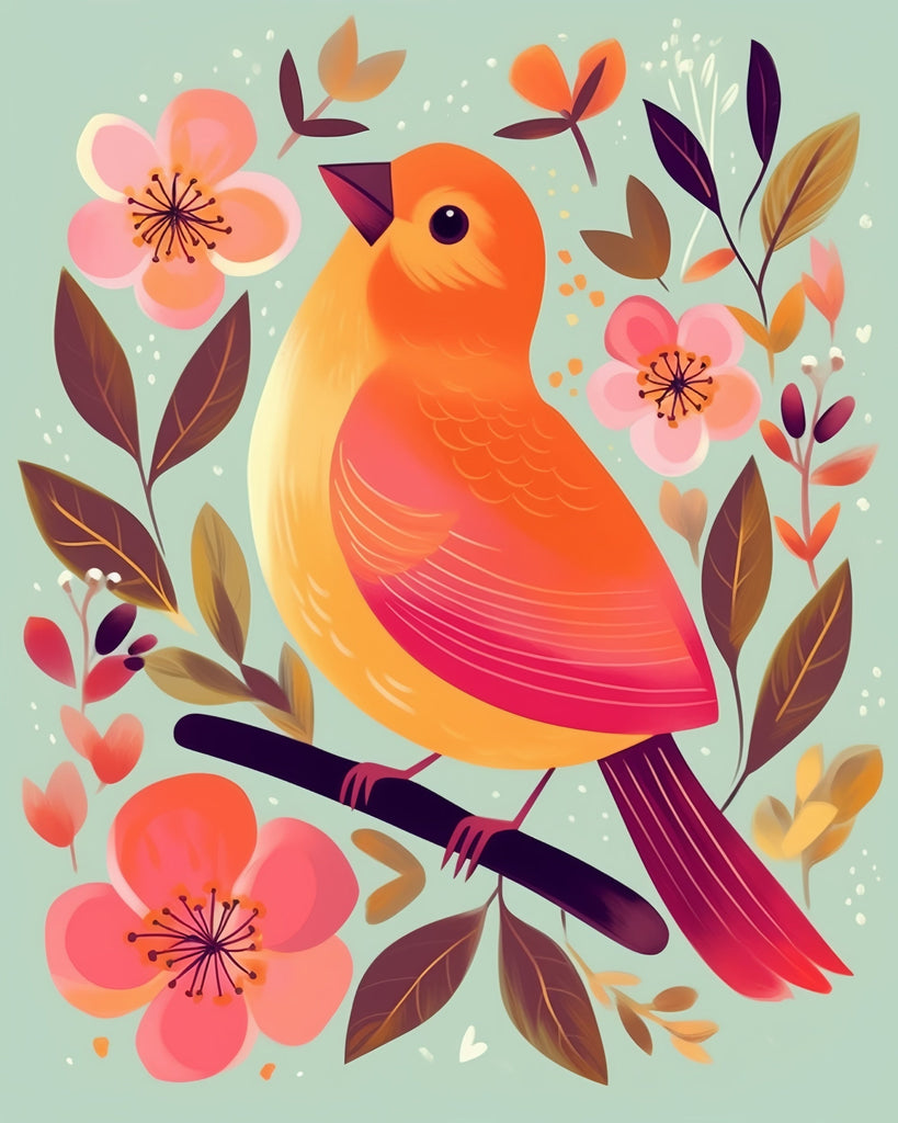 Orange Bird and Pink Flowers Paint by Numbers for Kids