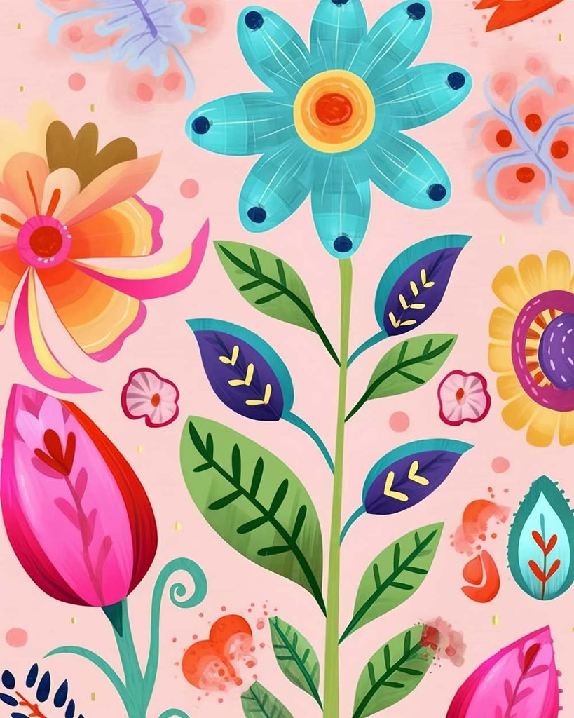 Cartoon Blue Flower on Pink Background Paint by Numbers for Kids