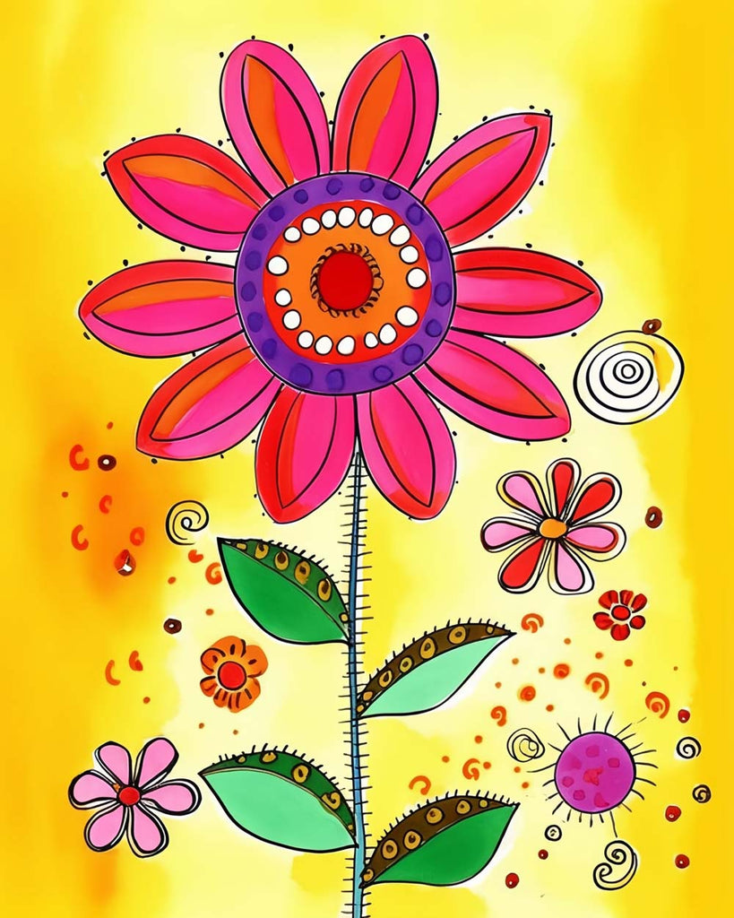 Red Flower on Yellow Background Paint by Numbers for Kids