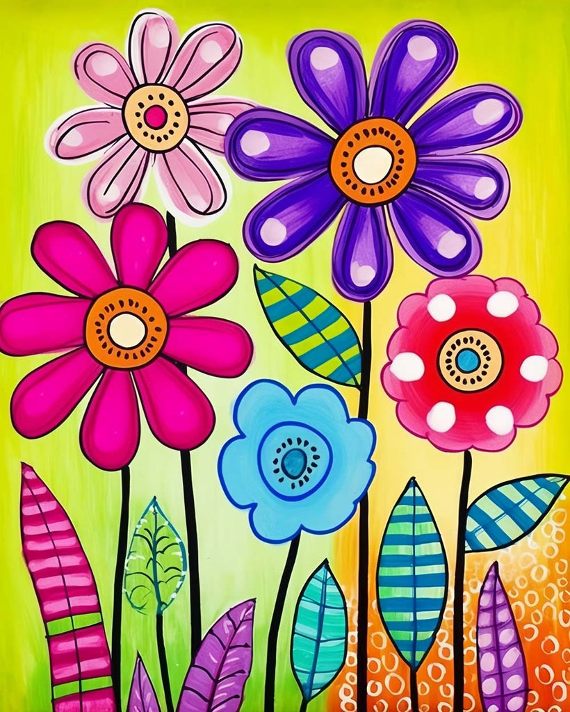 Cartoon Flowers on Green Background Paint by Numbers for Kids