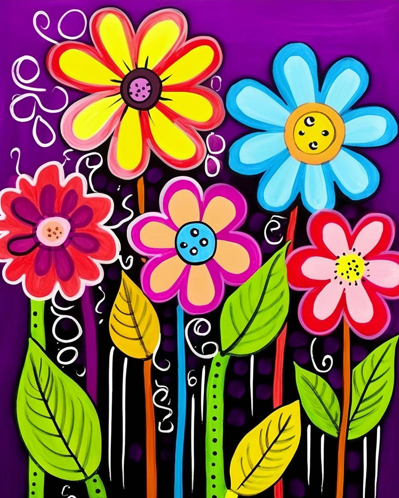 Cartoon Flowers on Purple Background Paint by Numbers for Kids