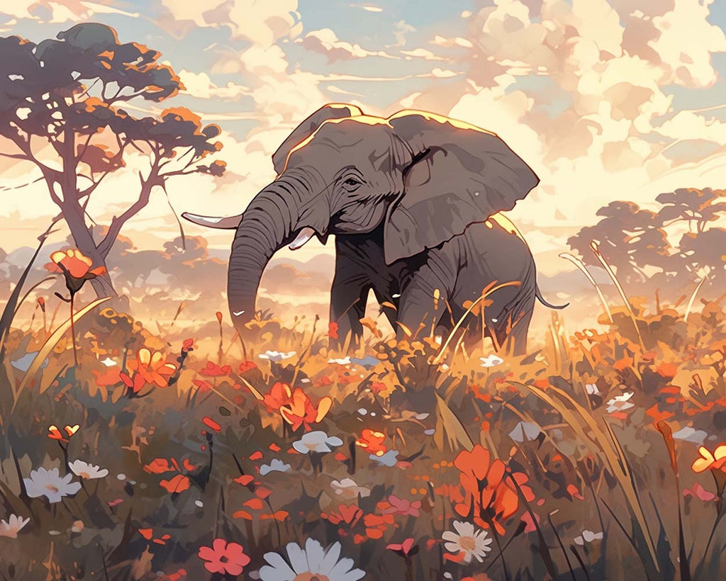 Elephant among Flowers Paint by Numbers