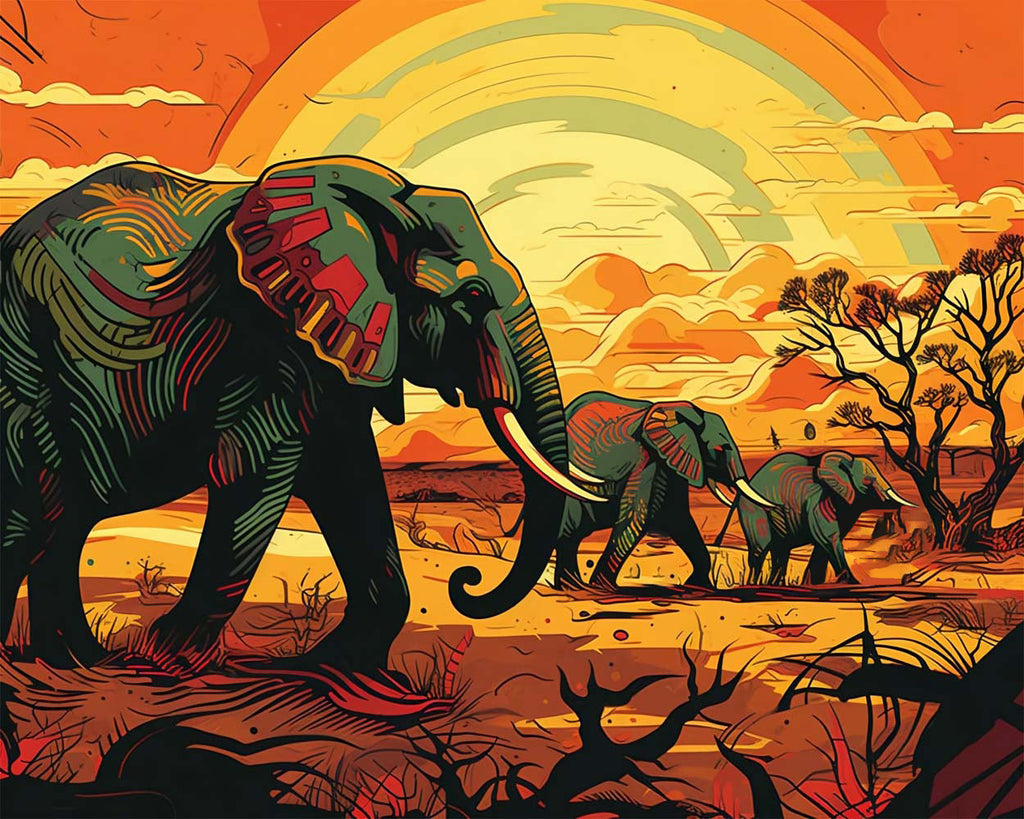 Elephants at Sunset Paint by Numbers