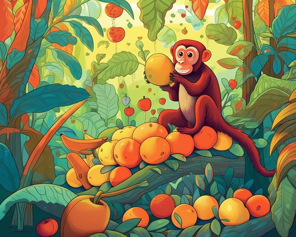 Cartoon Monkey and Fruit Paint by Numbers