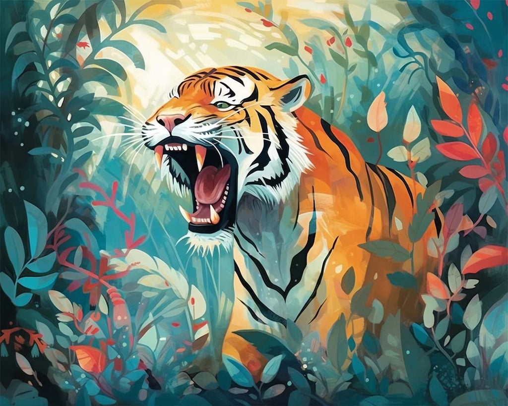 Roaring Tiger in Forest Paint by Numbers