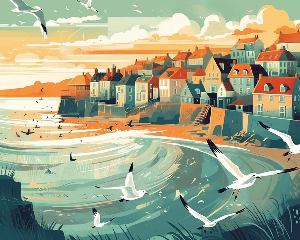 Seaside City and Seagulls Paint by Numbers