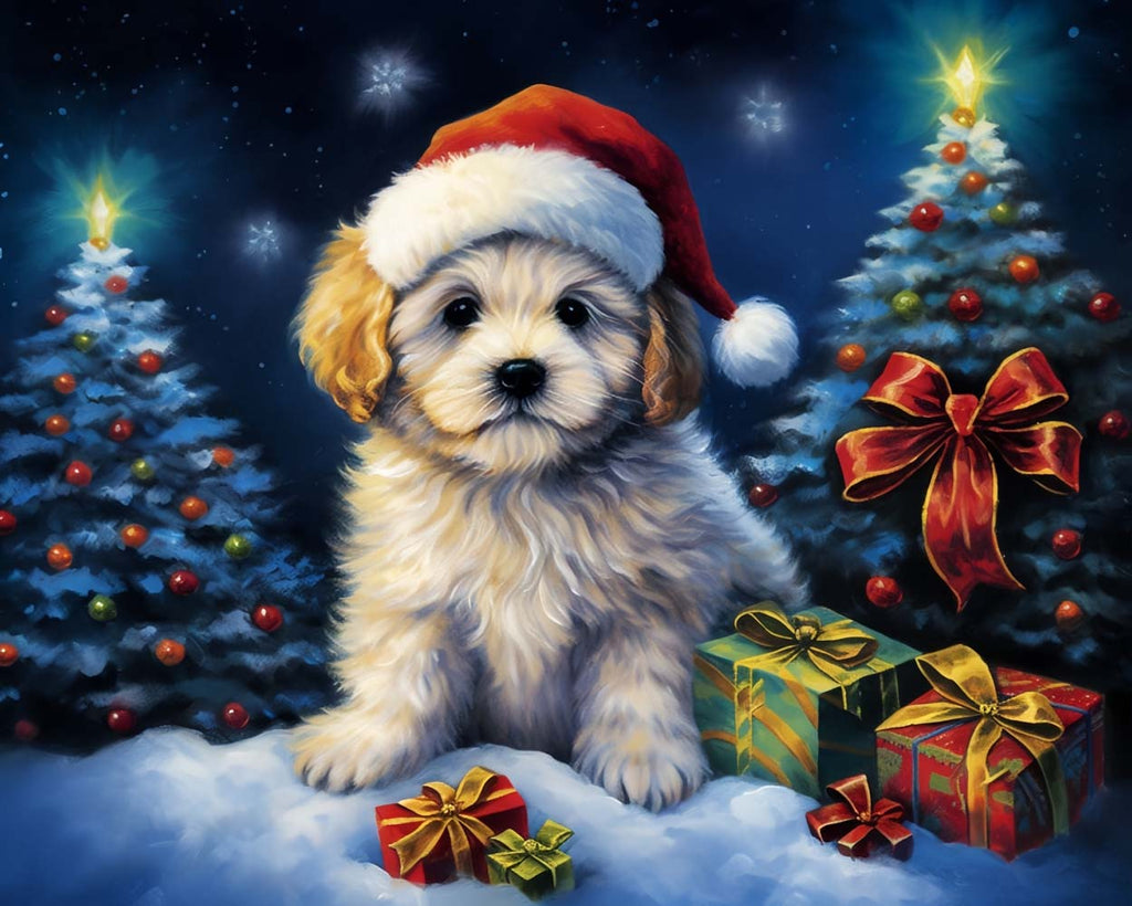 Puppy in Hat and Christmas Presents Paint by Numbers