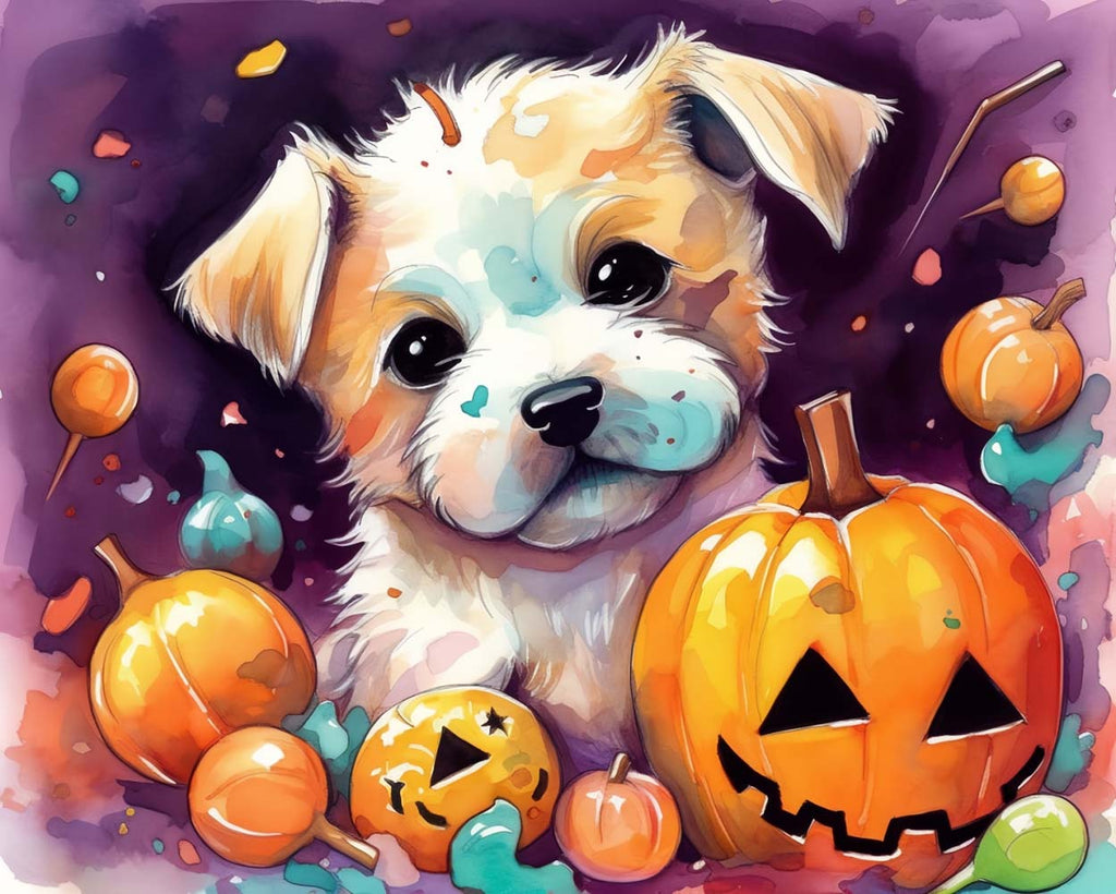 Halloween Pumpkin Lanterns and Cute Dog Paint by Numbers