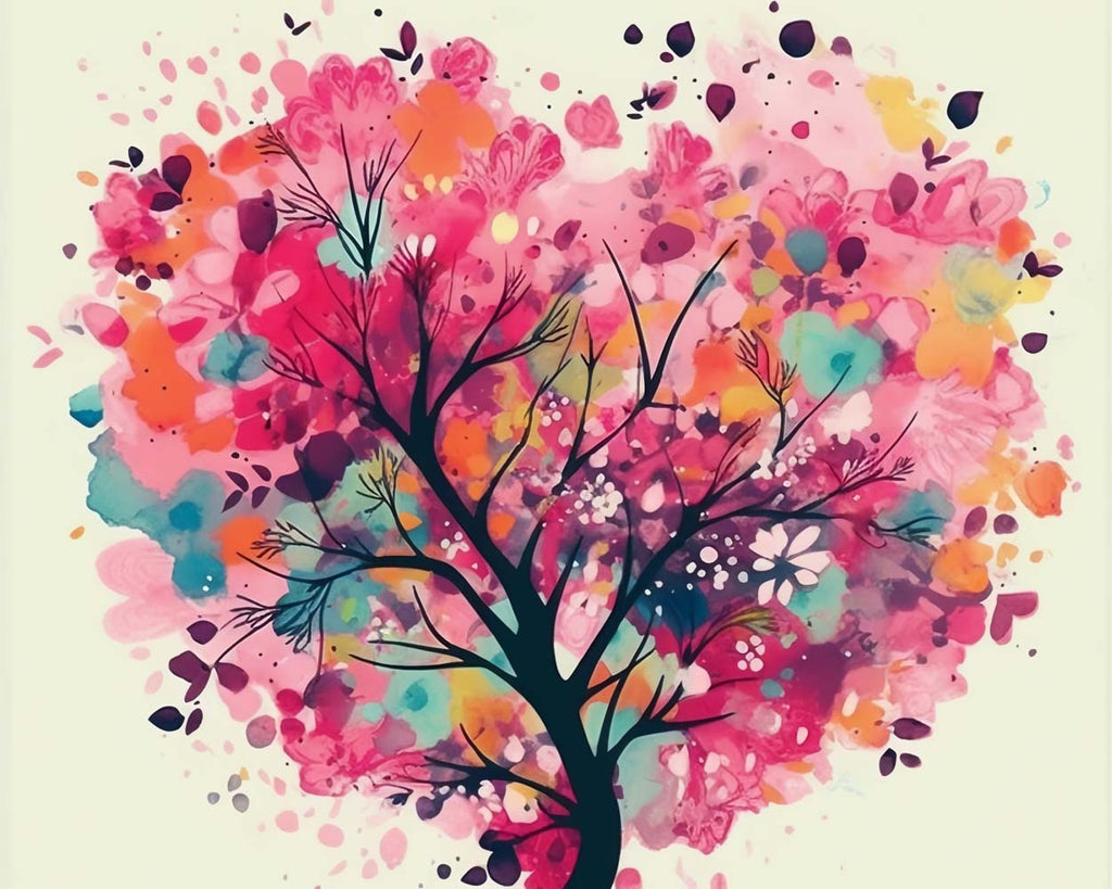 Watercolor Heart Shaped Tree Paint by Numbers