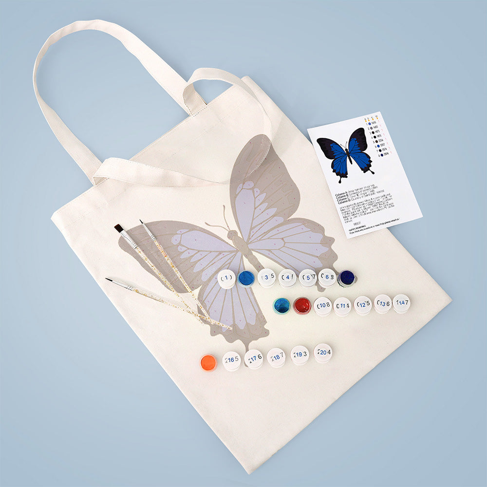 A Blue and Black Butterfly Canvas Tote Bag Paint by Numbers