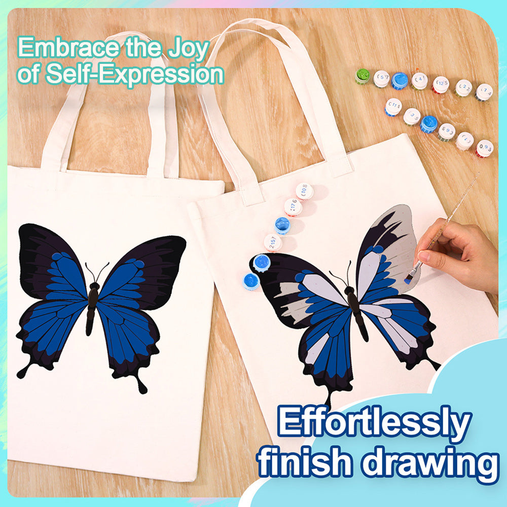 A Blue and Black Butterfly Canvas Tote Bag Paint by Numbers