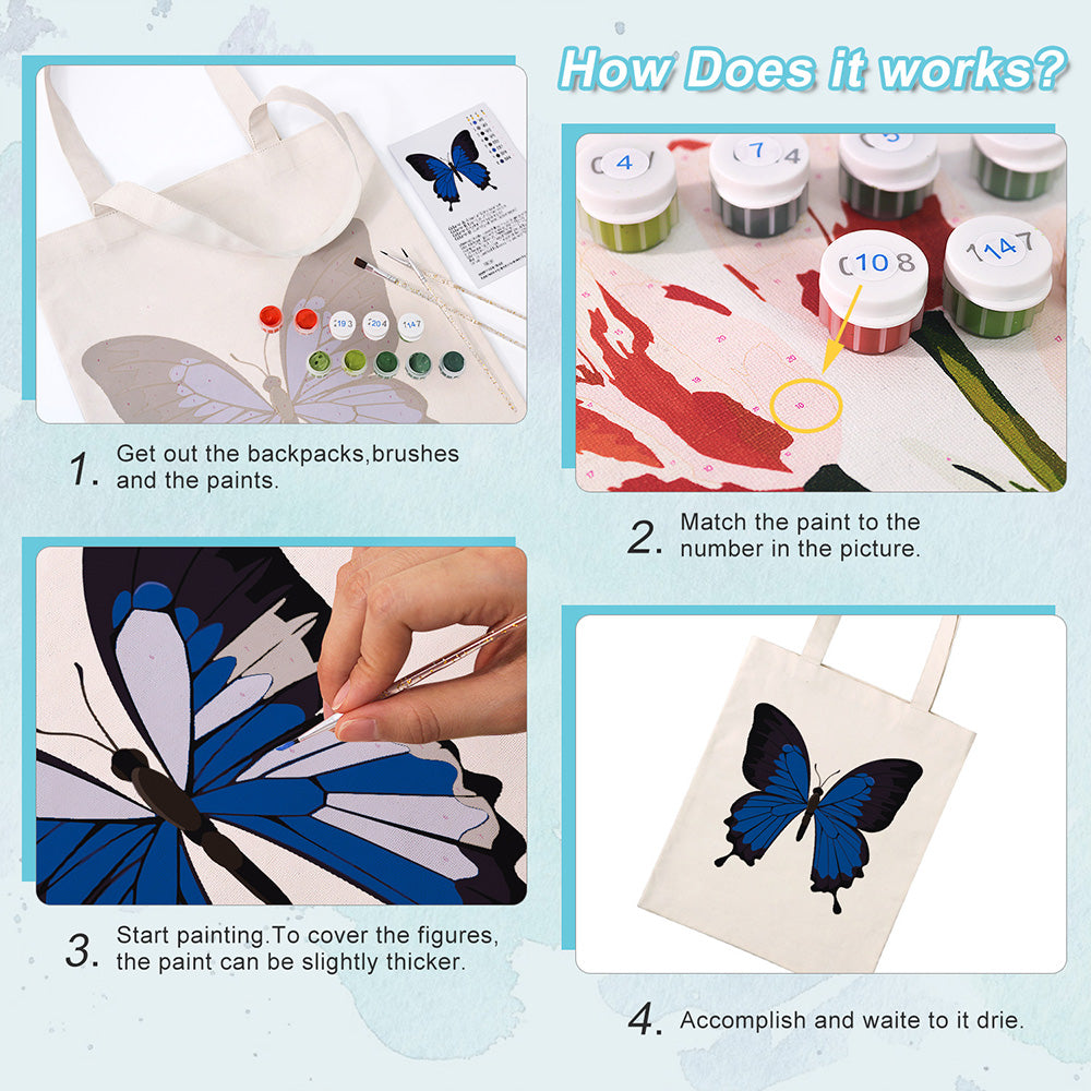 A Blue and Black Butterfly Canvas Tote Bag Paint by Numbers