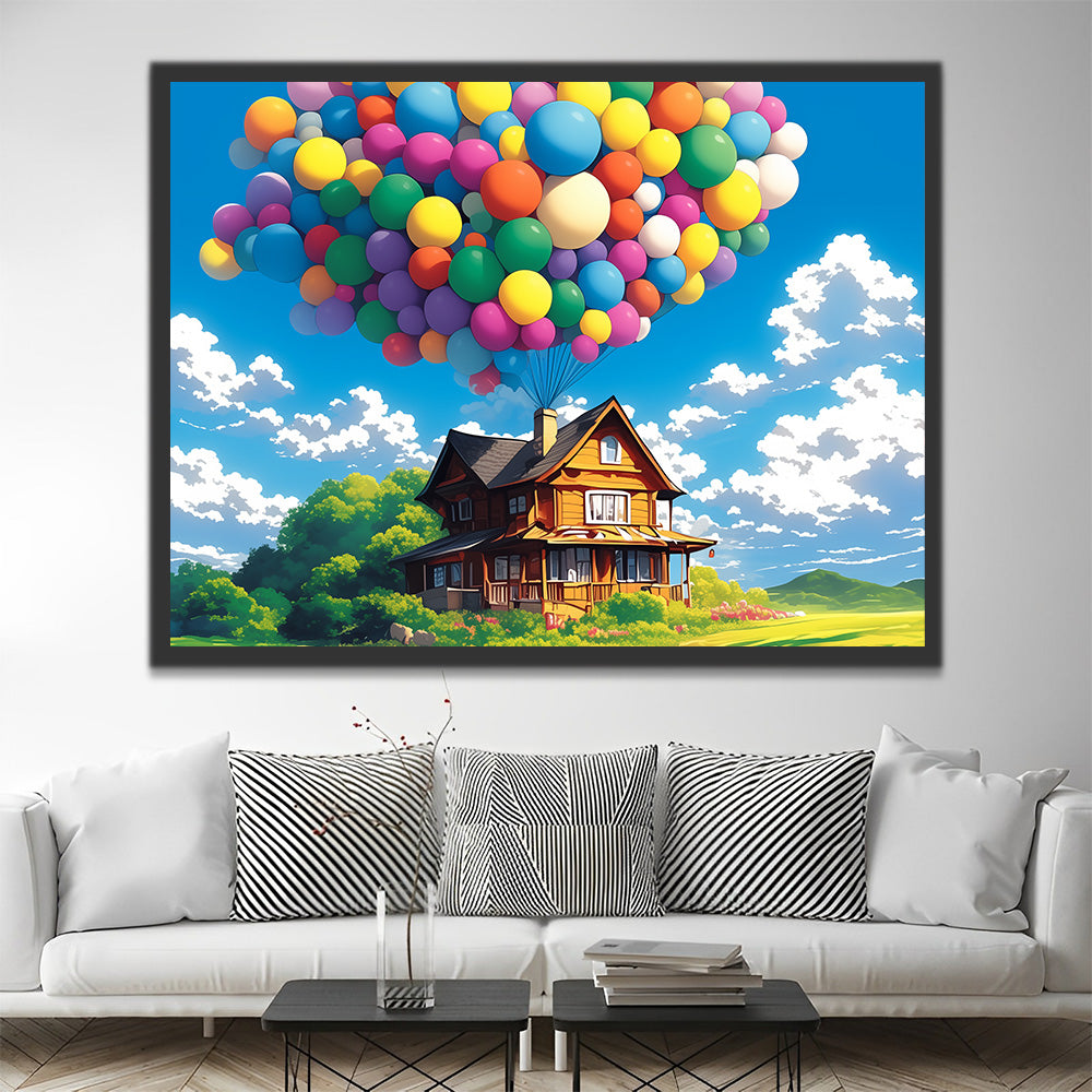 A Cabin with Colorful Balloons on the Grassland Paint by Numbers