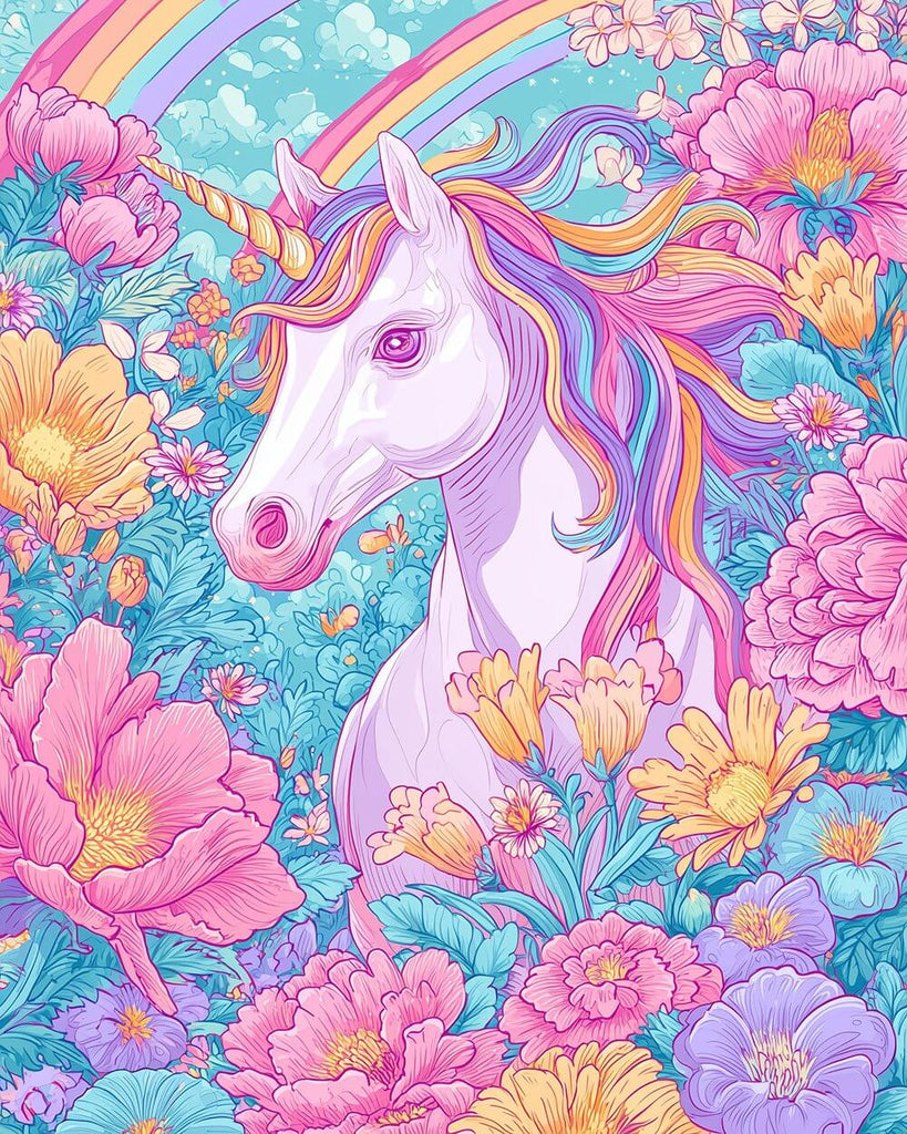 A Colorful Unicorn among Chrysanthemums Paint by Numbers
