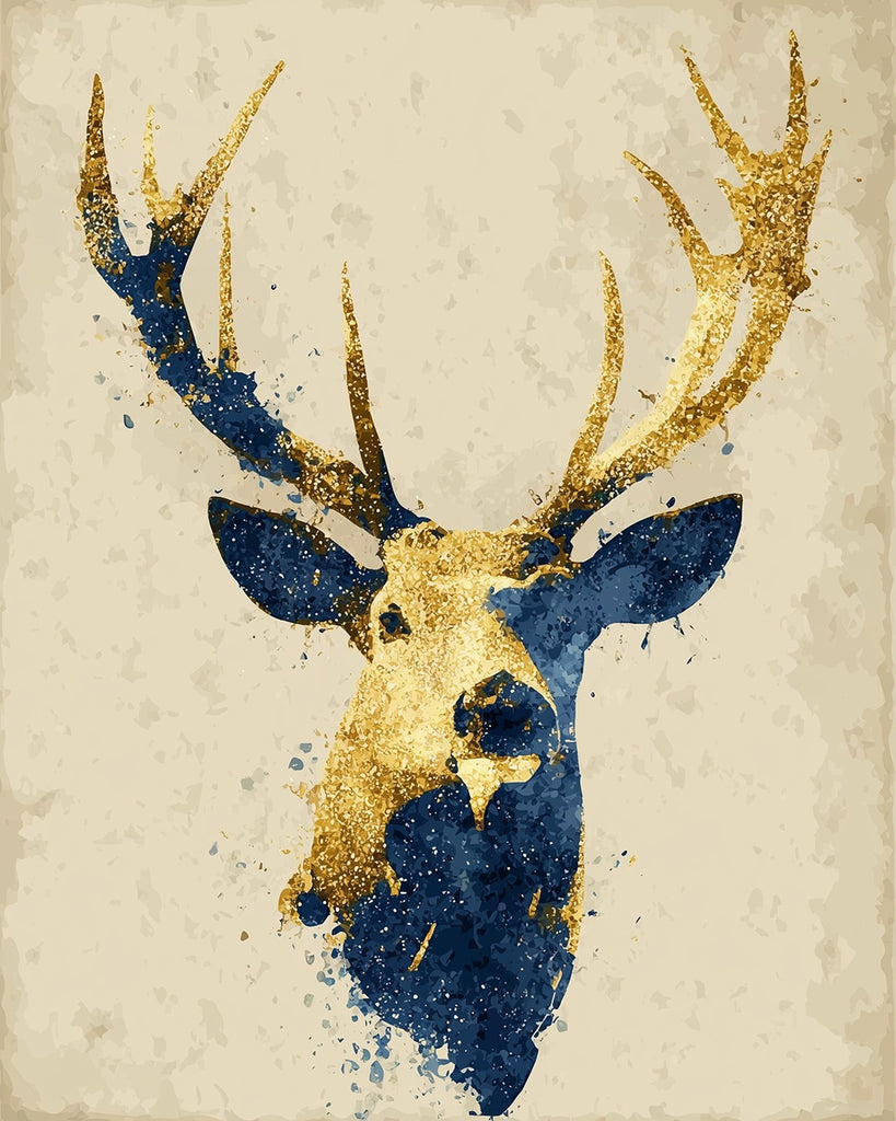 A Deer Head with Golden and Blue Antlers Paint by Numbers
