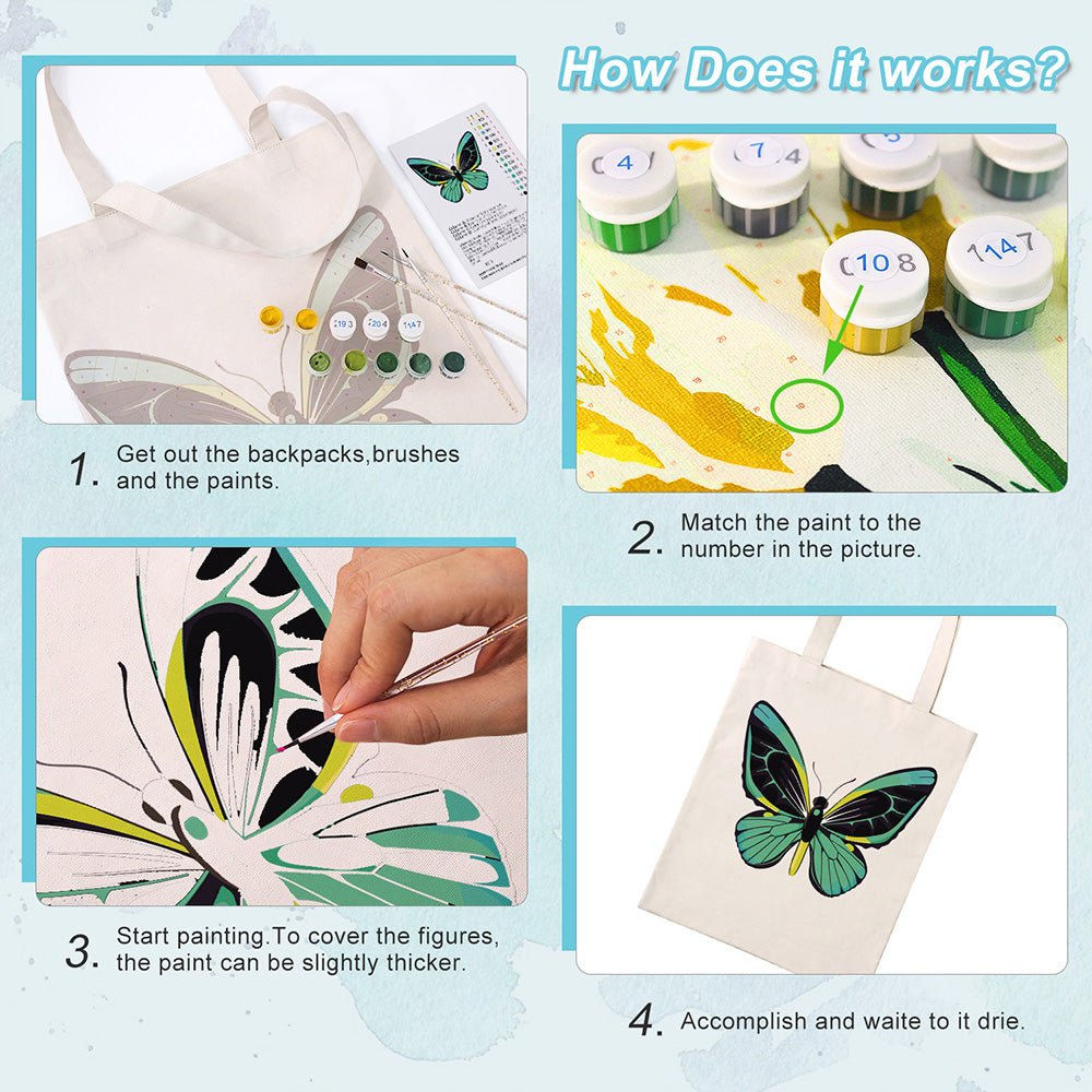 A Green Butterfly Canvas Tote Bag Paint by Numbers