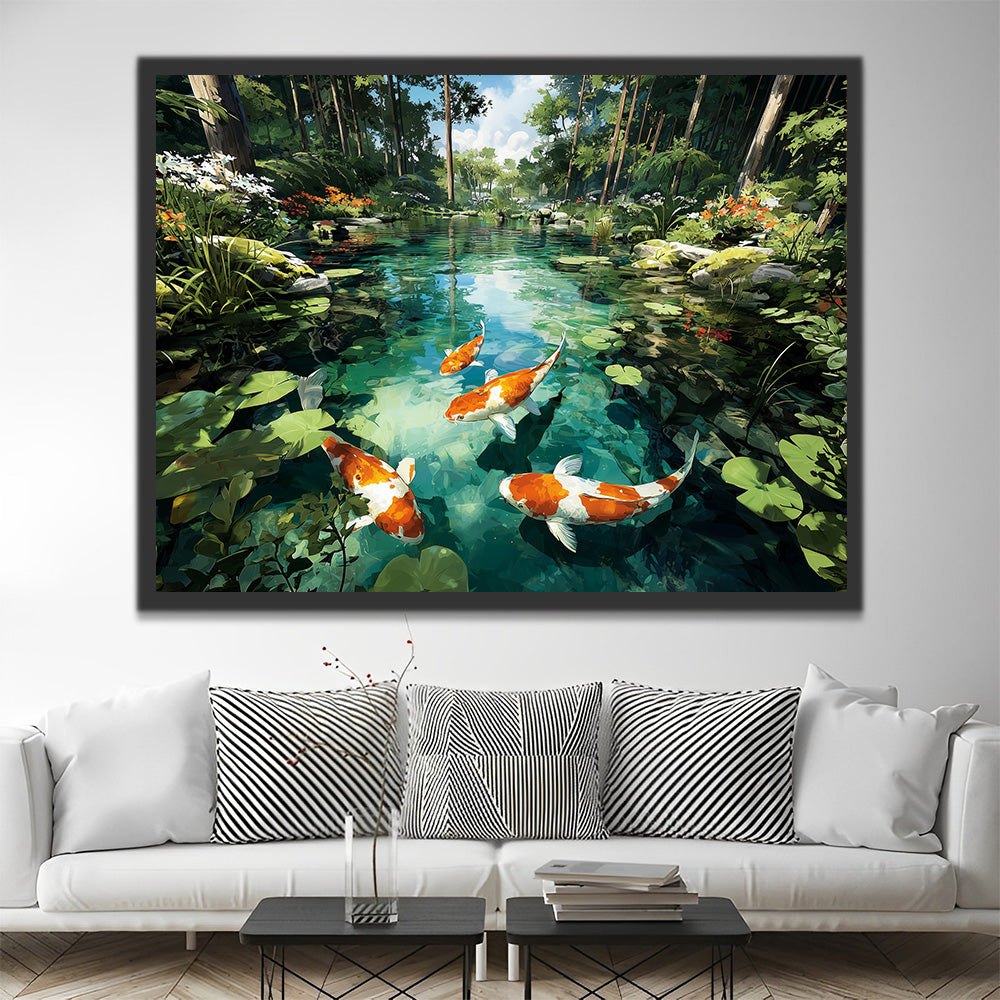 A Group of Koi in a Forest Pond Paint by Numbers