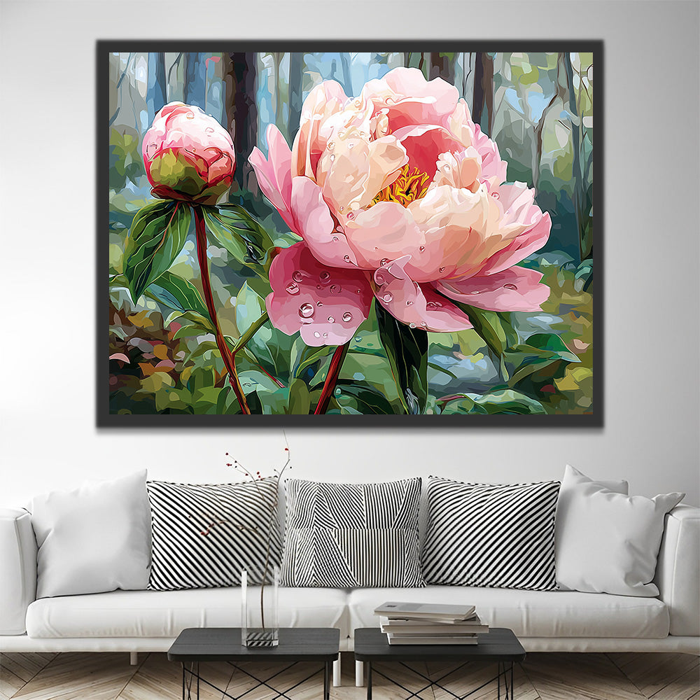 A Pink Peony and Flower Bud in the Forest Paint by Numbers