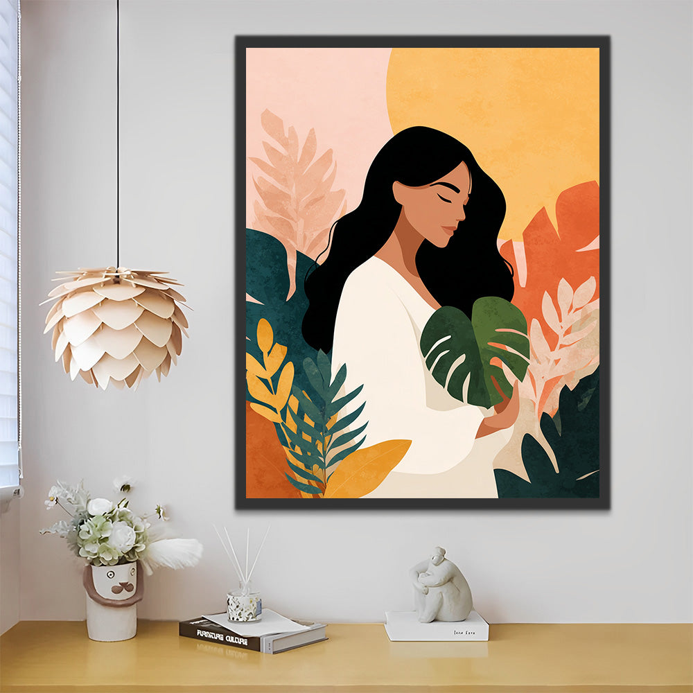 A Woman and Tropical Plant Leaves Paint by Numbers