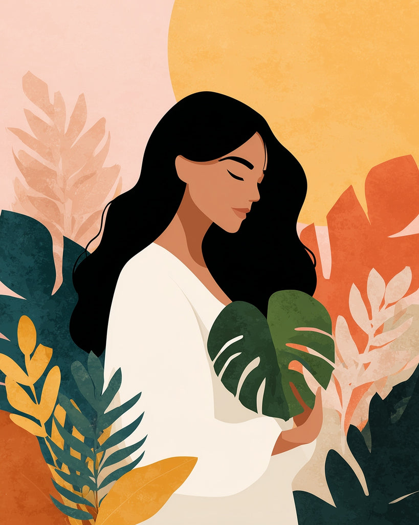 A Woman and Tropical Plant Leaves Paint by Numbers