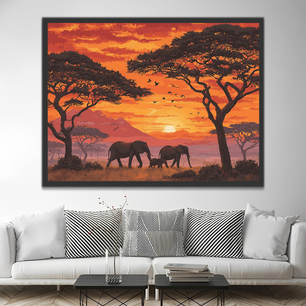 African Elephants at Sunset Paint by Numbers