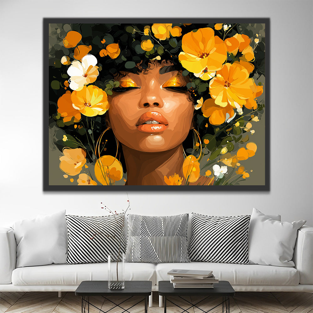 African Woman and Golden Flowers Paint by Numbers