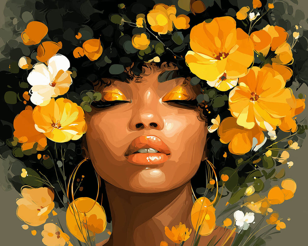African Woman and Golden Flowers Paint by Numbers