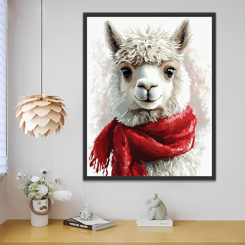 Alpaca Wearing a Red Scarf Paint by Numbers
