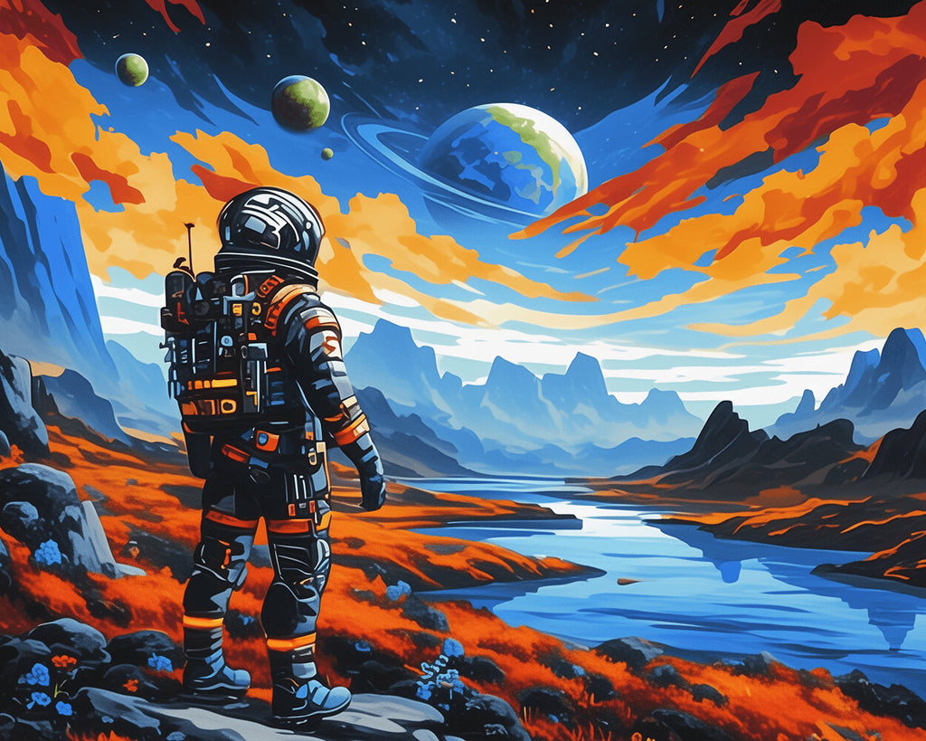 Astronaut, Mountains and Planet Paint by Numbers