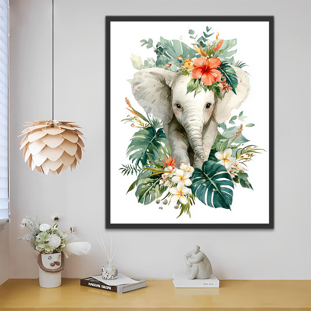 Baby Elephant and Green Leaves Paint by Numbers