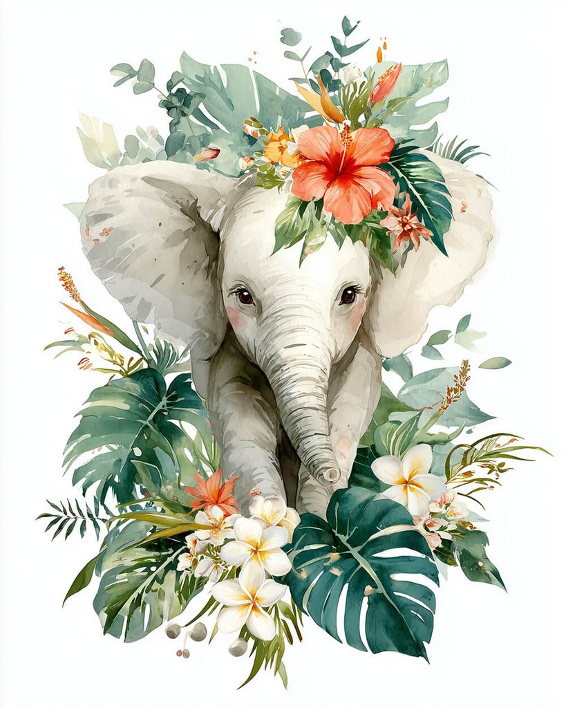 Baby Elephant and Green Leaves Paint by Numbers