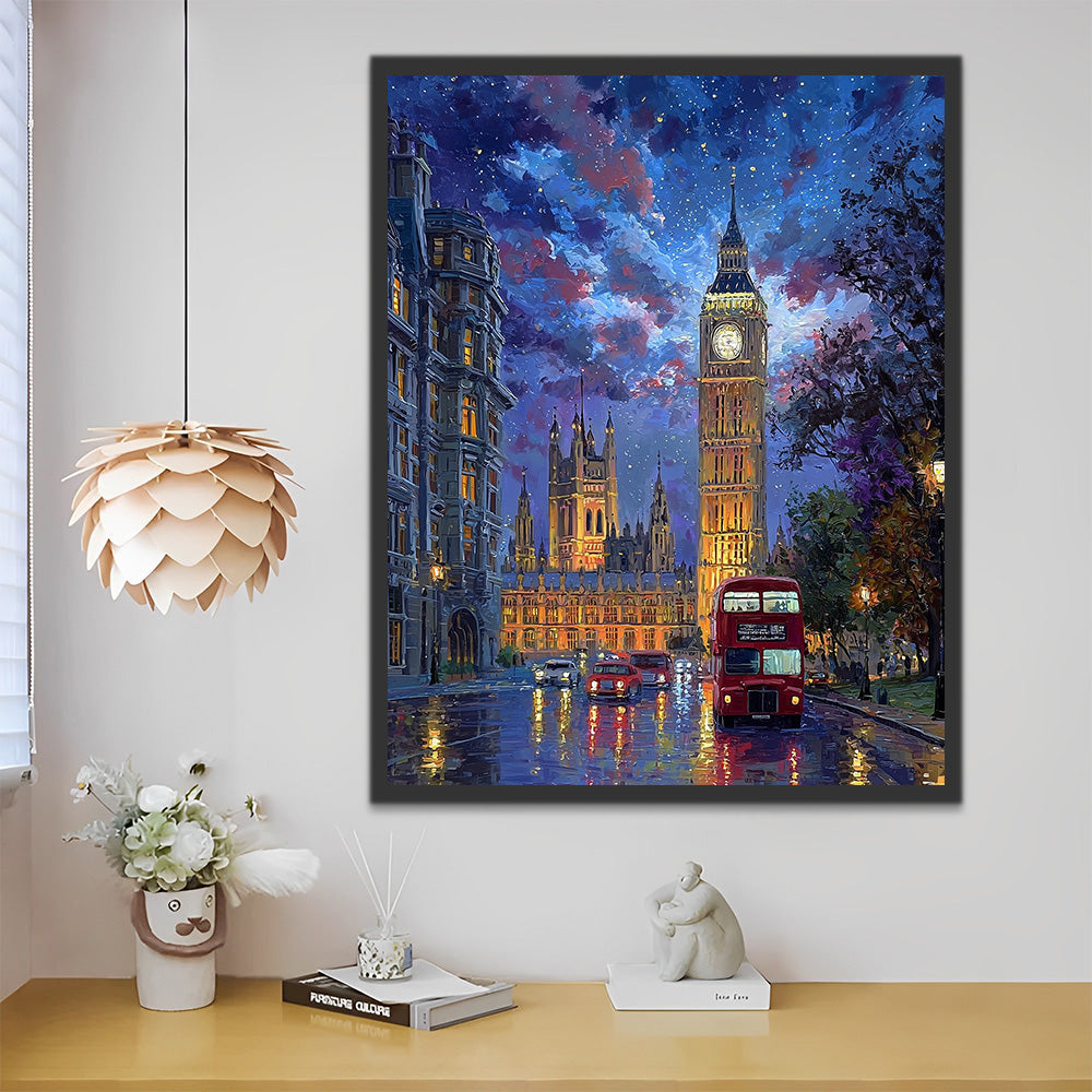 Big Ben and Red Bus in the Night Rain Paint by Numbers