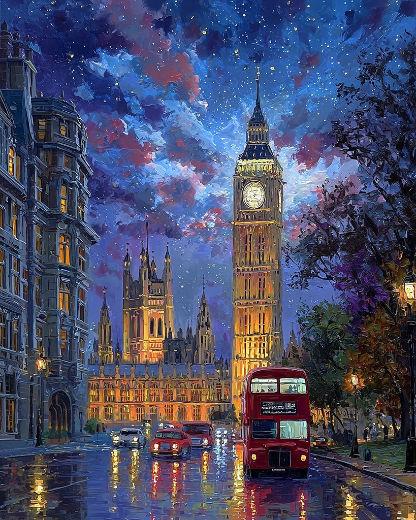 Big Ben and Red Bus in the Night Rain Paint by Numbers