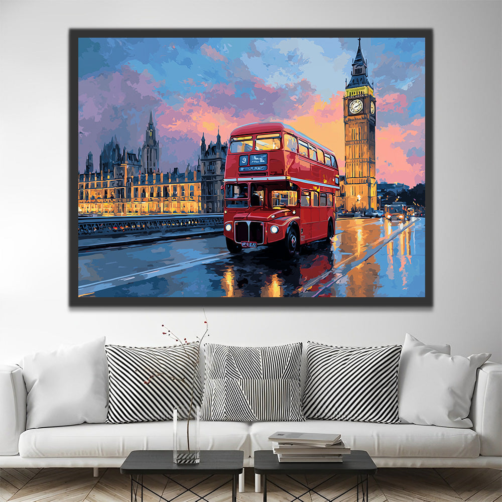 Big Ben and Red Double-Decker Bus at Night Paint by Numbers
