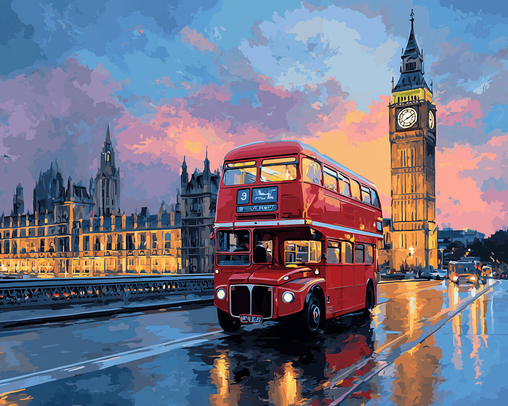 Big Ben and Red Double-Decker Bus at Night Paint by Numbers