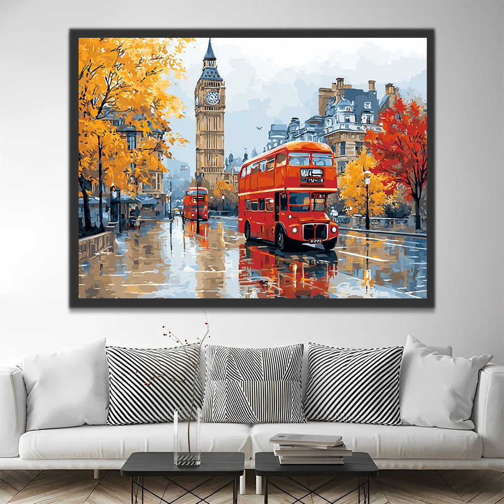 Big Ben and Red Double-Decker Bus in the Rain Paint by Numbers
