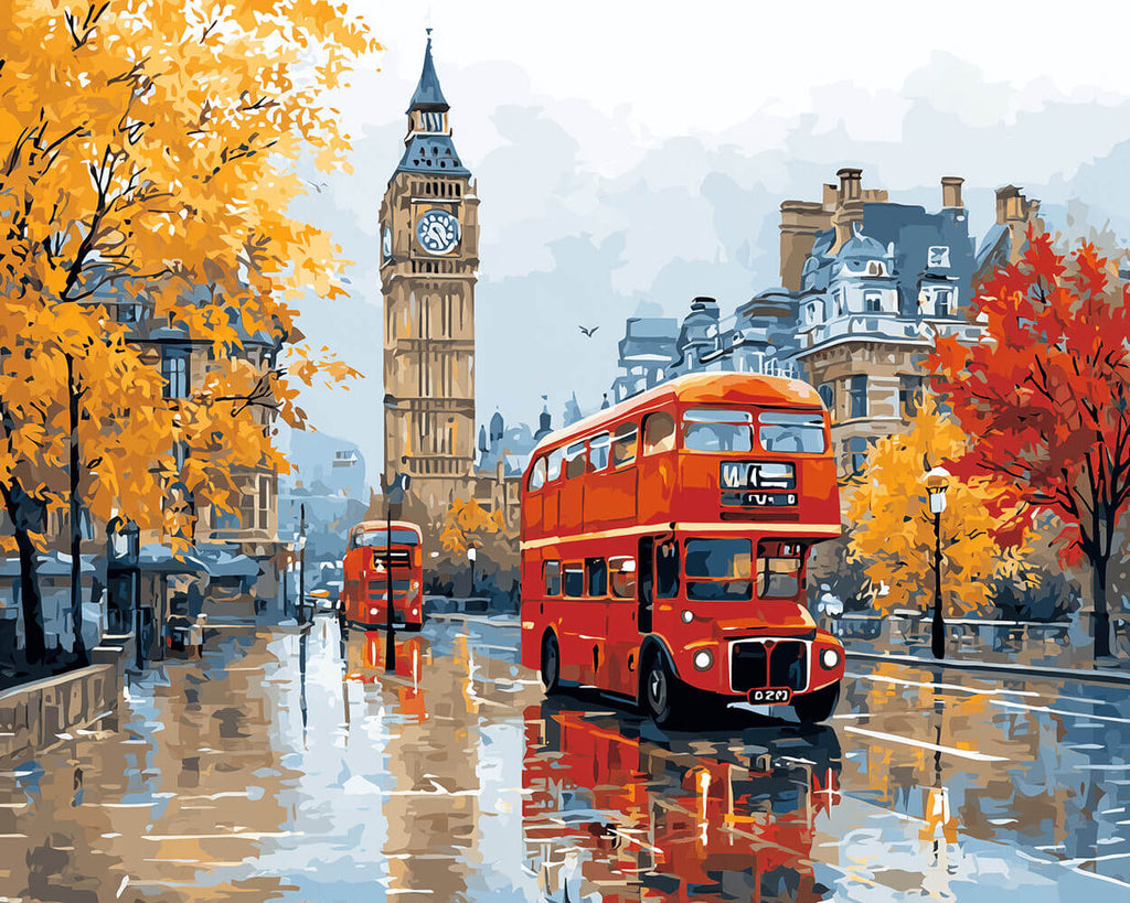 Big Ben and Red Double-Decker Bus in the Rain Paint by Numbers