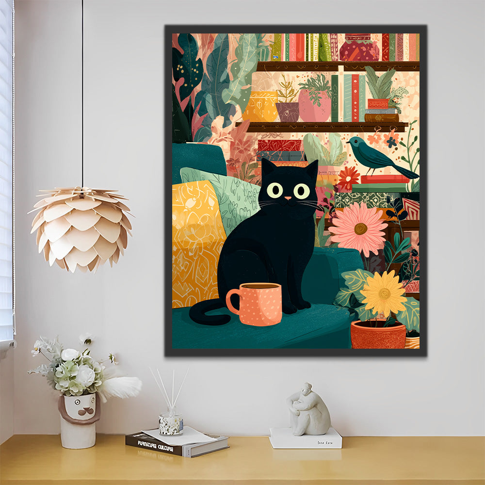 Black Cat in A Room Full of Potted Plants Paint by Numbers