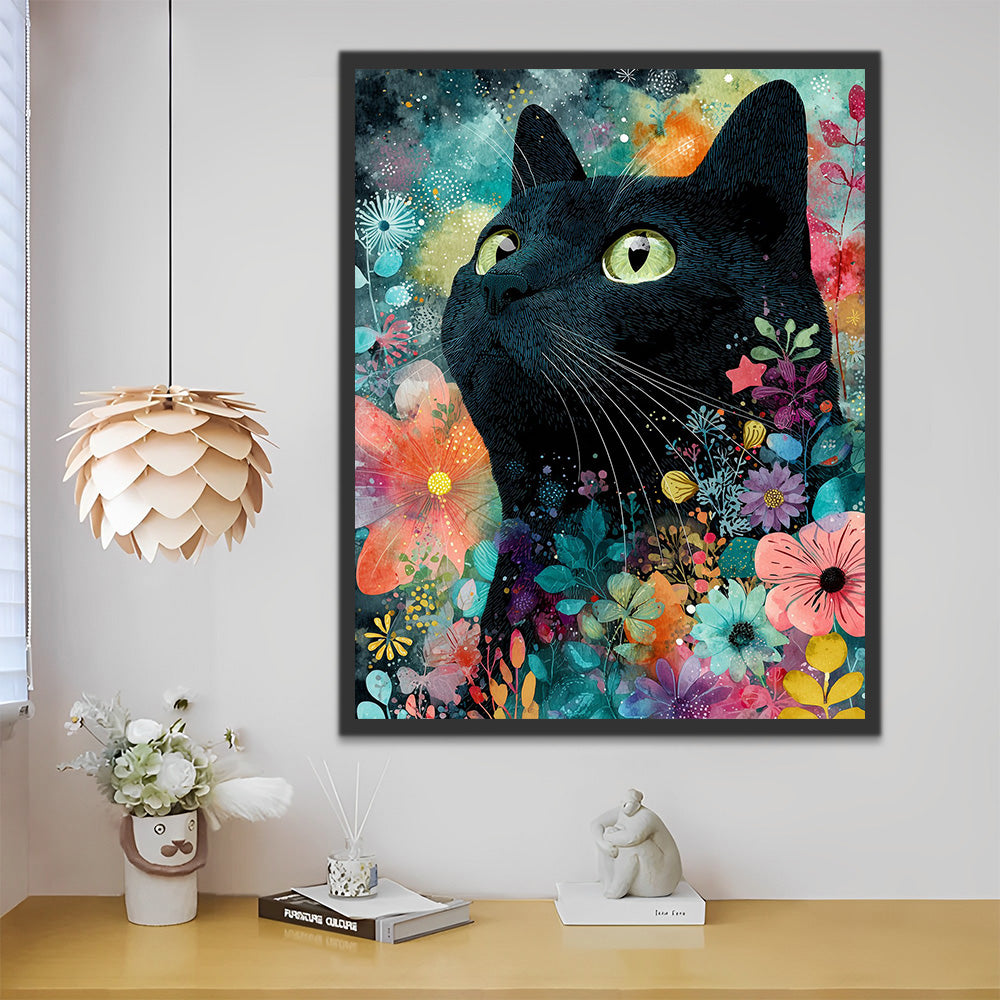 Black Cat in the Flower Bushes Paint by Numbers