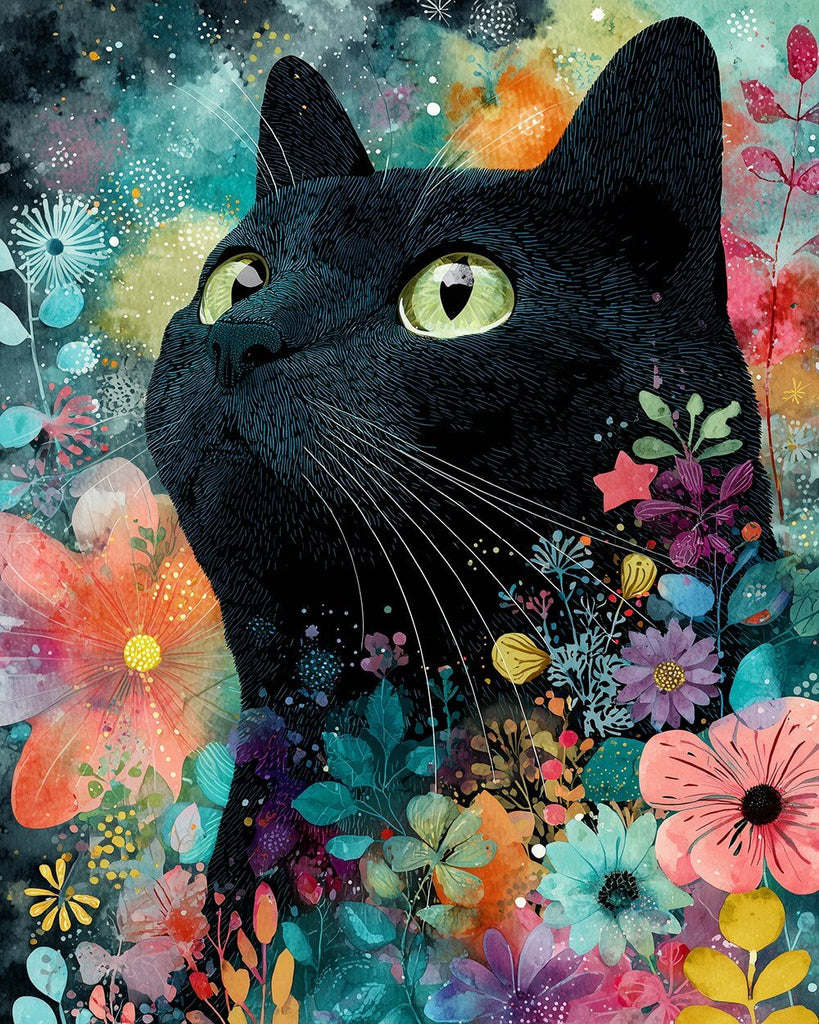Black Cat in the Flower Bushes Paint by Numbers