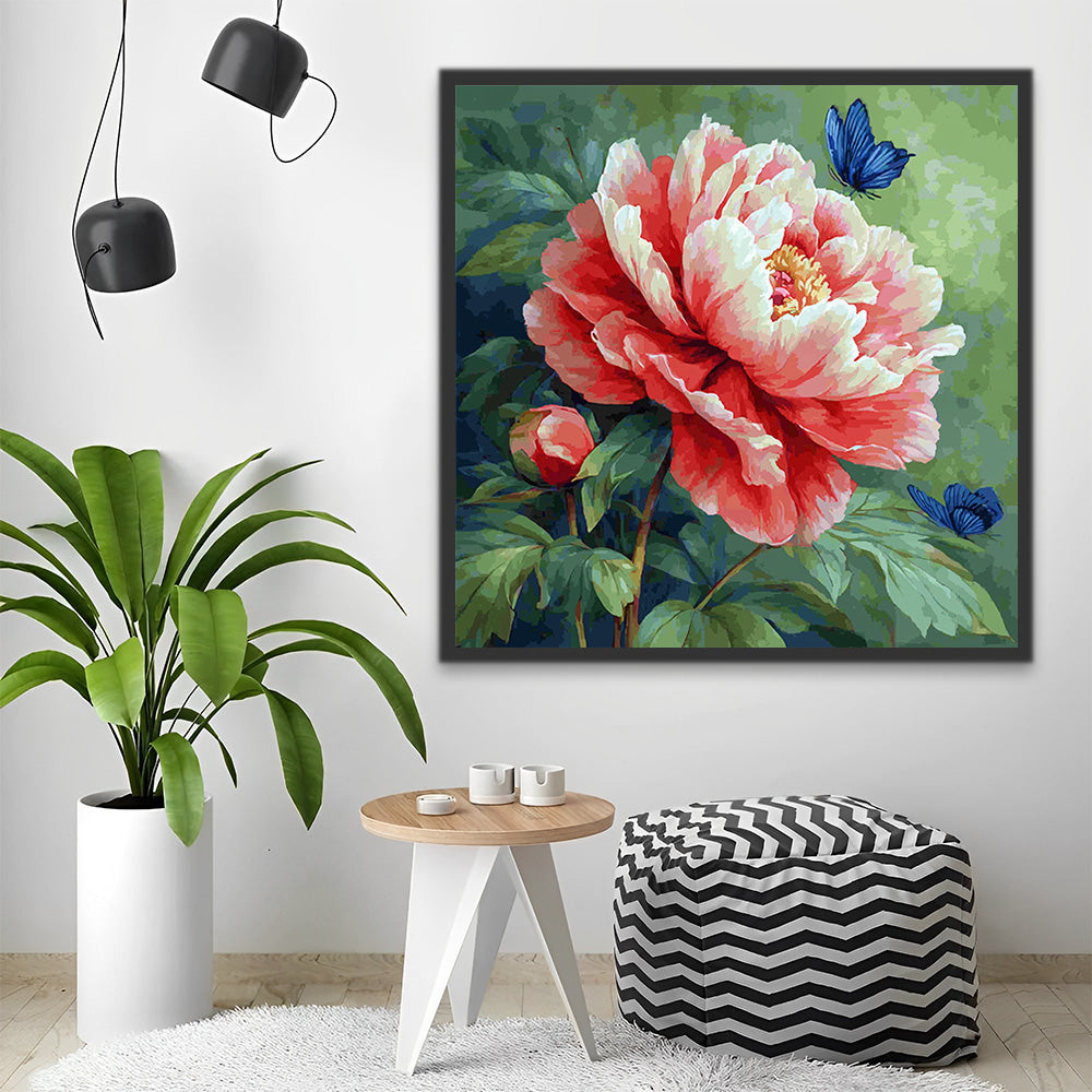 Blue Butterflies Flying to Pink Peony Paint by Numbers