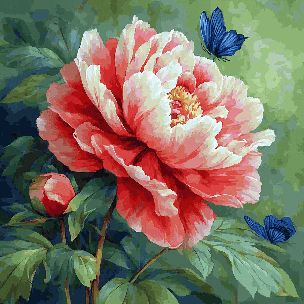 Blue Butterflies Flying to Pink Peony Paint by Numbers