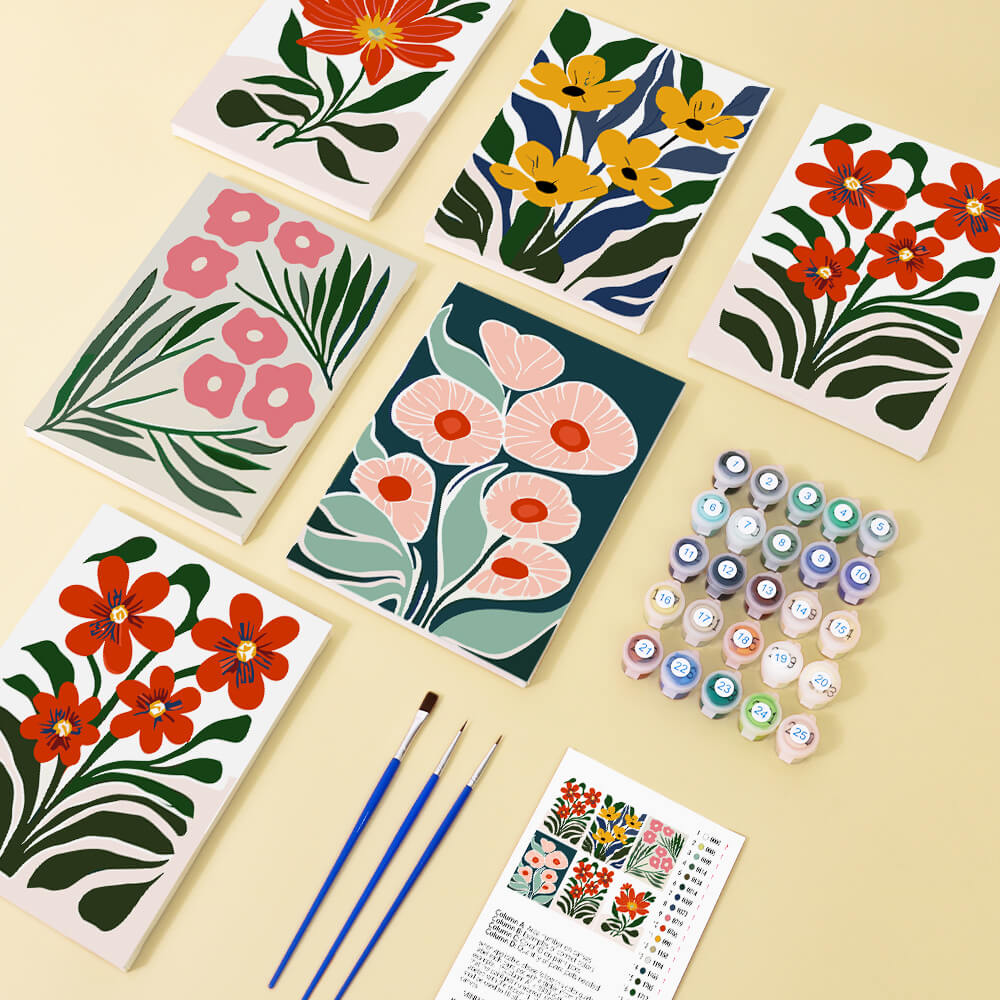 Brightly Colored Flowers amidst Green Leaves 6 Pieces Mini Paint by Numbers