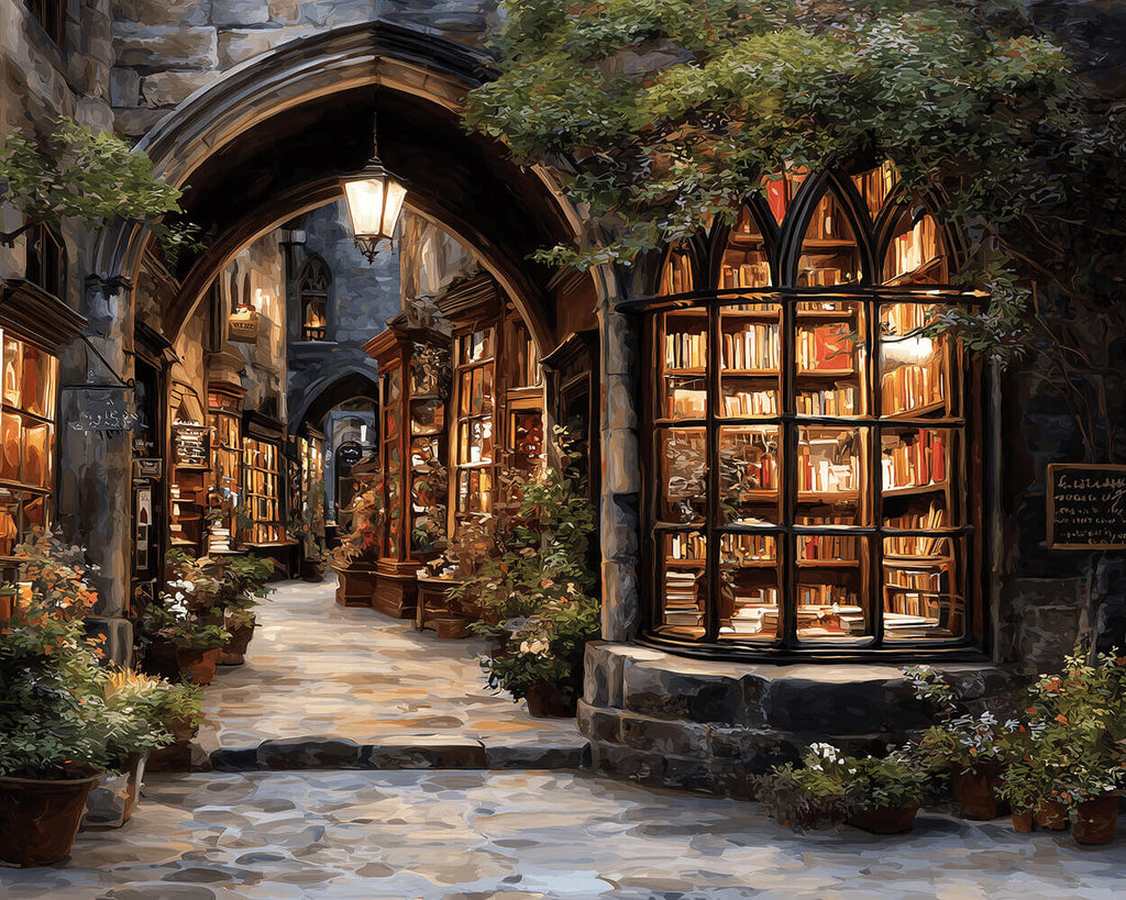 Brightly Lit European Bookstore Window Paint by Numbers